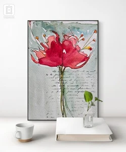 Original Signed Watercolor Painting. Red. Tulips. Boho. Abstract. French. - Picture 1 of 3