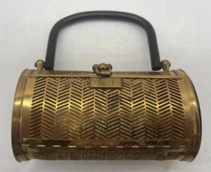 Vintage MCM Dorset Rex Fifth Ave Herringbone Brass Black Lucite Handle Purse - Picture 1 of 9