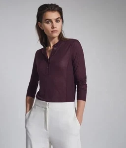 REISS Sz M (10) Hallie Fine Jersey Grandad TOP Plum Colour, Buttons, Lyocell - Picture 1 of 12