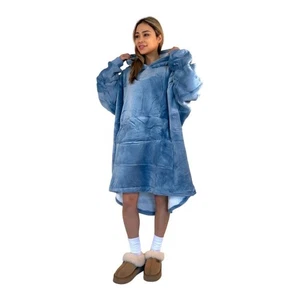 Hooded Blanket Soft Cozy Warm Fleece Wearable Oversize Blanket Hoodie Plain Blue - Picture 1 of 7
