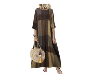 Women's Check Plaid 3/4 Sleeve Round Neck Summer Oversized Loose Long Maxi Dress - Picture 1 of 12