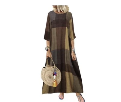 Women's Check Plaid 3/4 Sleeve Round Neck Summer Oversized Loose Long Maxi Dress - Image 1 of 4