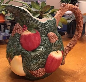 Fitz & Floyd VTG 1991 Pitcher Christmas Apple Pear Evergreen Pinecone 2 1/4 Qt - Picture 1 of 13