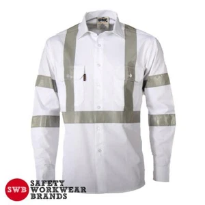 DNC Workwear Mens Hi Vis RTA Night Road Work Cotton White Shirt Reflective 3537 - Picture 1 of 2