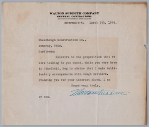 1924 Walton Sudduth Company Bluefield, West Virginia carta intestata a Pomeroy, Ohio - Foto 1 di 2