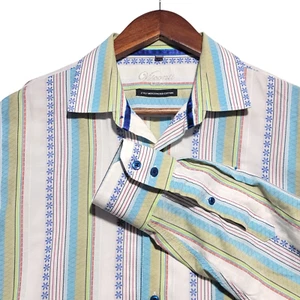 Visconti Men's Medium Blue Green Striped Button-up Roll Tab Sleeve Shirt - Picture 1 of 6