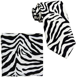 New Men's zebra animal print black white necktie & hankie set wedding formal  - Picture 1 of 2