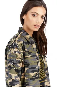 $ 159 authentisch selten TRUE RELIGION Damen Camouflage Knopfverschluss Freizeitshirt - Bild 1 von 6