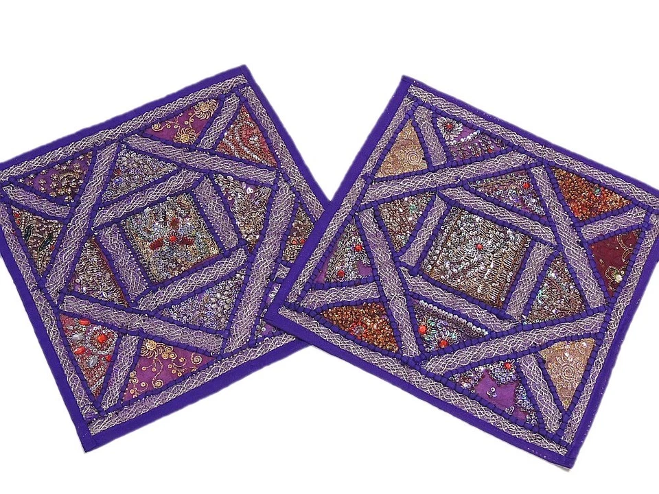 2 Purple Sari India Beaded Decorative Sofa Throw Sequin Covers Pillows 16" - Image 1 of 1