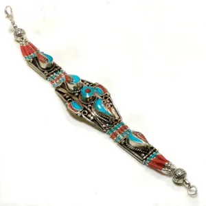 Red Coral Tibetan Turquoise Handmade Gift Jewelry Nepali Bracelet 7-8" NBB 3018 - Picture 1 of 8
