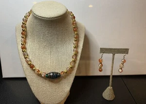 Handgefertigte orange blau Crackle Murano Glas Halskette Anhänger 18k GP Ohrringe UU - Bild 1 von 5