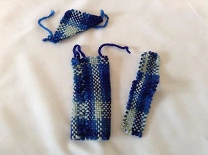 Vintage Barbie Homemade Knitted Blue Plaid Crochet Clothes Mod Dress Scarf 3pc - Picture 1 of 1