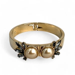 Ann Taylor Hinge Clamper Bangle Bracelet Gold Tone Rhinestone Simulated Pearl - Picture 1 of 5