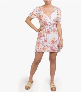 Hurley,Orange,yellow Brown Floral On White,short Sleeve Crepey Dress Size XS - Picture 1 of 10