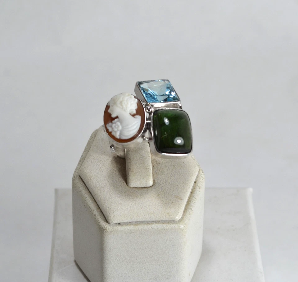 ANELLO ARGENTO 925 CAMMEO SARDONICO TORMALINA TOPAZIO  REGOLABILE      AGNK 0113 - Immagine 1 di 3