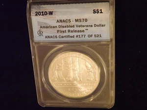 2010-W $1 American Disabled Veterans First Release ANACS MS 70 - Picture 1 of 2