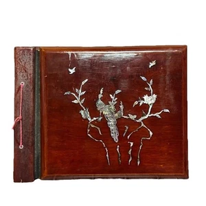 Asian Wood Inlayed Photo Album Abalone Shell Peacocks Flowers Music Book Vintage - Picture 1 of 12