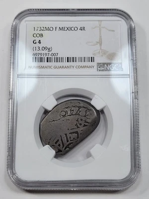 1732 FULL DATE Mexico Cob 4 Reales NGC G 4 "Cabo De Barra" Shape Nice *K1029 - Image 1 of 4