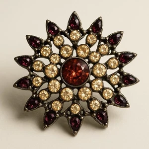 ☀️ Vintage - Starburst Rhinestone Brooch – Red, Purple & Champagne Glass Stones - Bild 1 von 14
