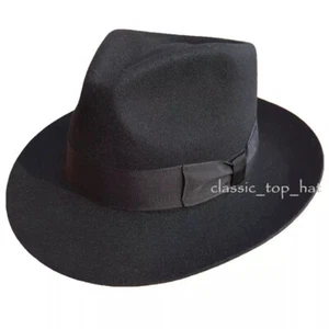 Cappello da uomo 100% feltro di lana Fedora Trilby fatto a mano tesa larga con fascia 11 colori - Foto 1 di 12