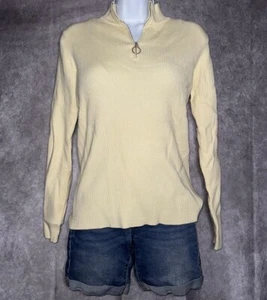 Fashion Woman’s Cream Quarter Zip V-Neck Long Sleeve Cable Top Shirt Size M - Picture 1 of 6