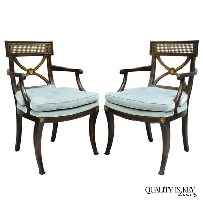 Vintage English Regency Style Mahogany Saber Leg Cane Back Arm Chairs - a Pair - Image 1 of 4