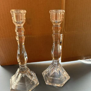 TIFFANY & CO CRYSTAL CANDLE HOLDERS CANDLESTICKS TALL HAMPTON GUC - Picture 1 of 6