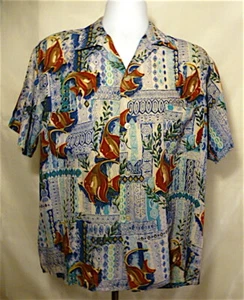 1960'S SPORTSWEAR RAYON HAWAIIAN SHIRT ABSTRACT TAPA FISH PRINT MOTIFS MED/LARGE - Picture 1 of 12