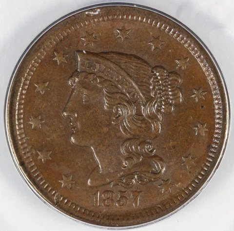 1857 1c Small Date Braided Hair Large Cent ANACS MS 62 BRN Cover