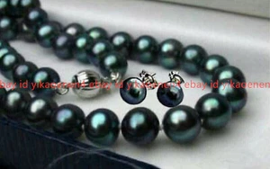 Juego de aretes collar perlas cultivadas de agua dulce negras naturales 14-48"" - Imagen 1 de 12