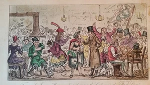 1821 CRUIKSHANK ENGRAVING - REAL LIFE IN LONDON - TOM & JERRY CADGERS IN SLUMS - Picture 1 of 6