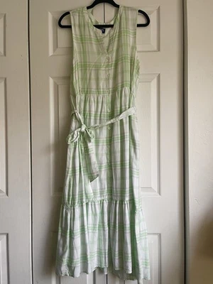 Chaps Womens Tiered Midi Dress L Mint Plaid Cottagecore Boho Resort With Tie - Image 1 of 4