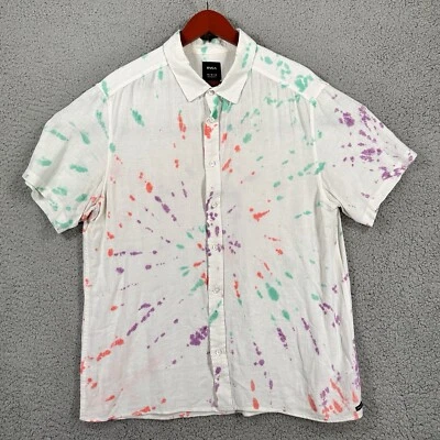 RVCA Hombre’s M Verde Naranja Púrpura Tie Dye Botones Mezcla de Lino Ajuste Relajado Foto 1 de 4