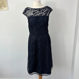 Monsoon Navy Blue Lace Overlay Dress Part Lined Wedding Occasion Size 18 VGC - Picture 1 of 11