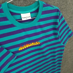 Teddy Fresh T Shirt Mens Small Teal Purple Striped Spellout Flames Embroidered - Picture 1 of 9