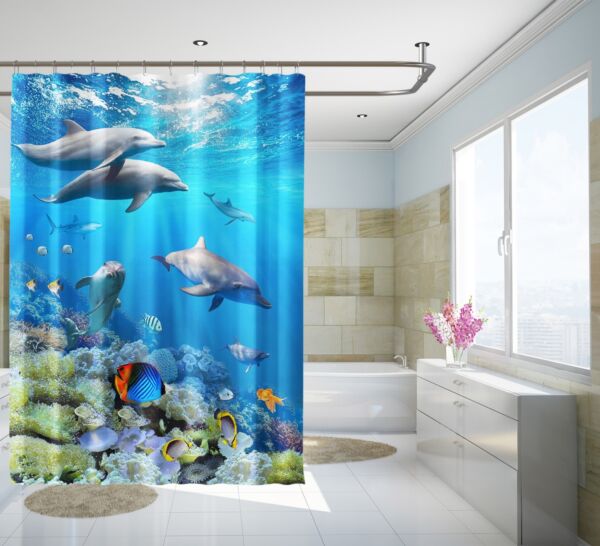3D Dolphin Sea 7718 Shower Curtain Waterproof Fiber Bathroom Home Windows Toilet