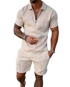 Men Summer Sweatsuit Lapel Neck Short Sleeve T-Shirt+Shorts 2-Piece Set Outfit