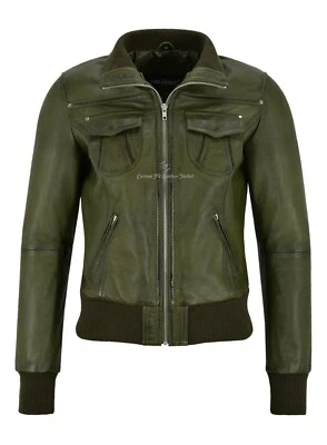 Ladies Bomber Leather Jacket Olive Lambskin Classic Fashion Biker Style 3758 - Image 1 of 4