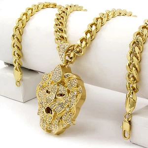 Hip Hop 14k Gold Plated Lion Face Pendant Cubic-Zirconia 30" Cuban Chain - Picture 1 of 5