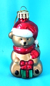 TEDDY BEAR IN SANTA HAT W, GIFT BOX, GLASS CHRISTMAS ORNAMENT - Picture 1 of 5