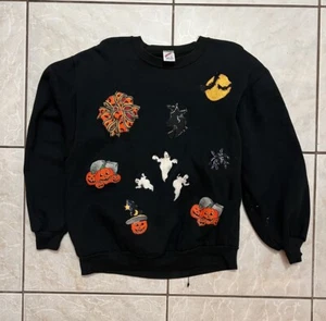 Sudadera Pullover Vintage Jerzees Hecha a Mano Halloween Cuello Redondo Talla L - Imagen 1 de 5