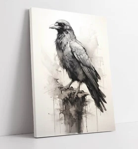 CHARCOAL SKETCH DRAWING OF RAVEN, CROW CORVID -DEEP FRAMED CANVAS WALL ART PRINT - Picture 1 of 2