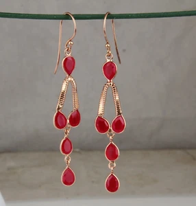 Pendiente de piedras preciosas de oro rosa multi pera rosa calcedonia colgante pendiente elegante - Imagen 1 de 7
