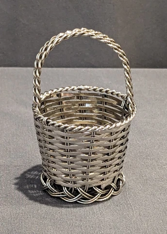 Vintage Silver Tone Metal Mini Small Woven Basket Decor - 3.5" Cover