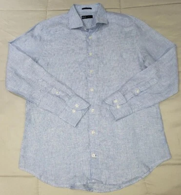 Neiman Marcus Men’s Slim-Fit Long Sleeve Linen Shirt Striped Light Blue L - Image 1 of 4