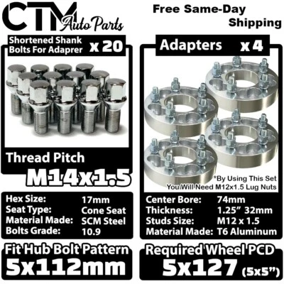 Adaptador espaciador de rueda 4x 1,25" de grosor 5x112 a 5x127 (5x5) para Audi Porsche Macan Foto 1 de 4