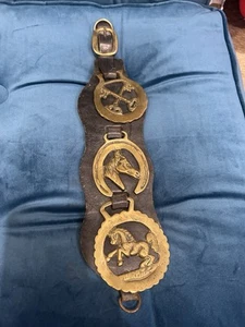 Vintage Horse 3 X Brass Medallions On Leather Strap Horse Themed - Picture 1 of 6