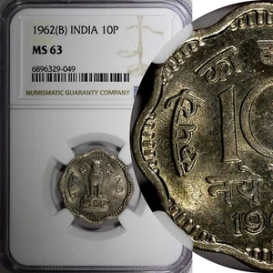 India-Republic Copper-Nickel 1962 (B) 10 Naye Paise Bombay NGC MS63 KM# 24.2 (9) - Picture 1 of 5