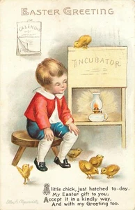 Postal de Pascua Ellen Clapsaddle Escolar Niño Pollos IAPC - Imagen 1 de 2