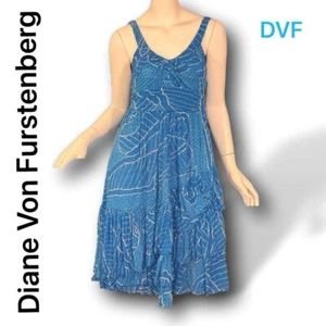 DIANE VON FURSTENBERG AQUA BLUE & WHITE PRINT MIDI SILK DRESS SIZE 10! - Picture 1 of 7